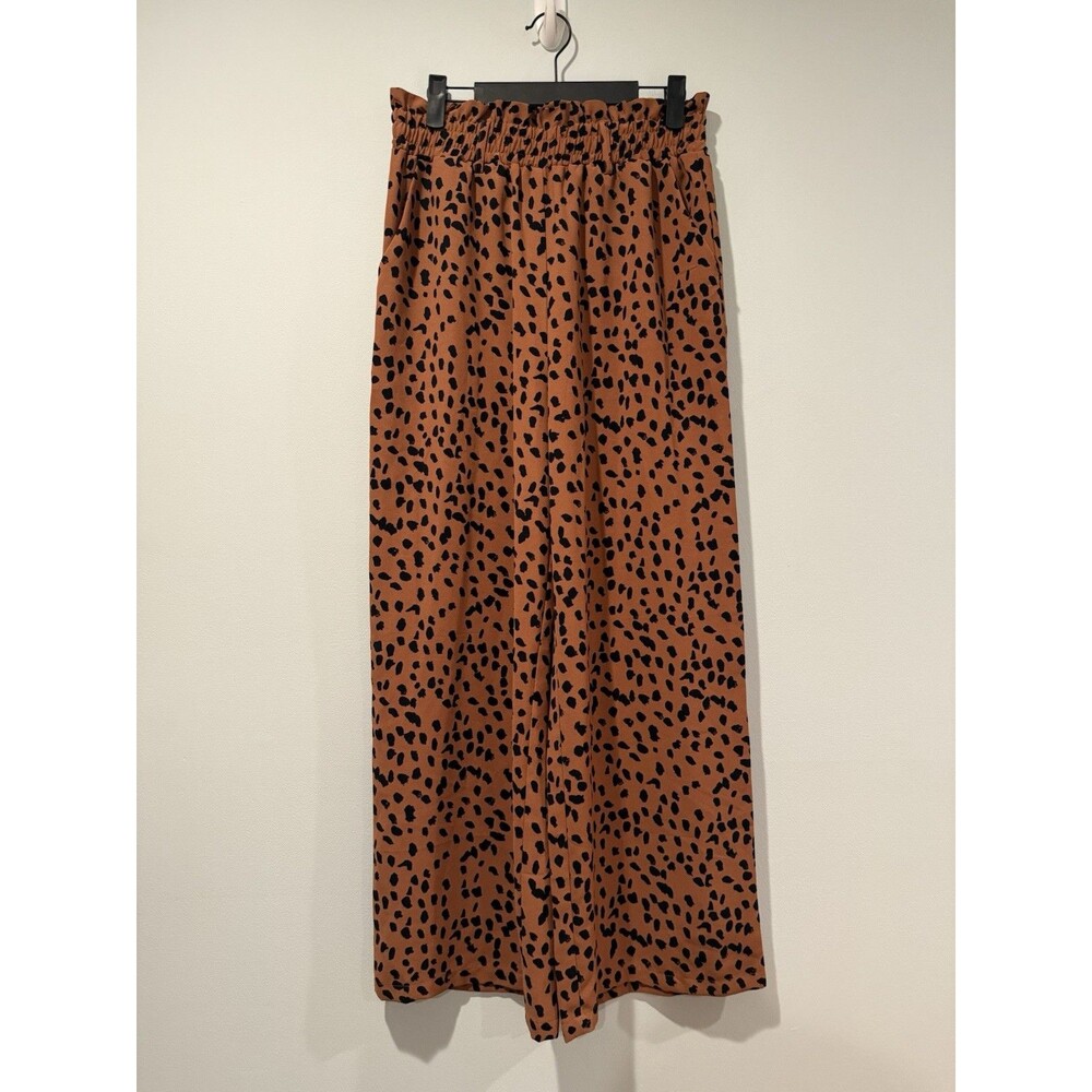 Leopard Print Flowy Paperbag Pants Womens Medium Pockets Wide Leg Pull On Travel